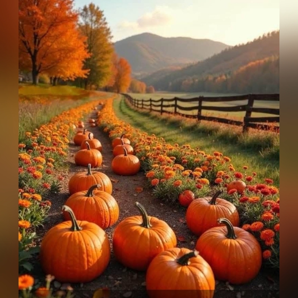 Autumn Pathway with Pumpkins and Orange Blooms
